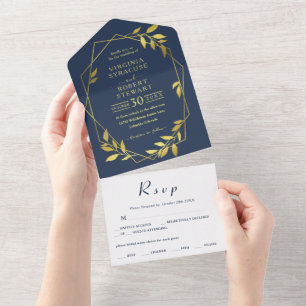 Elegant Geometric Modern Royal Blue Navy Wedding All In One Invitation