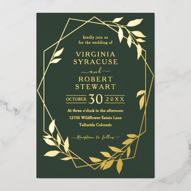 Elegant Geometric Modern Royal Dark Green Wedding Foil Invitation (Front)