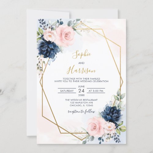 Elegant Geometric Navy and Blush Floral Wedding Invitation