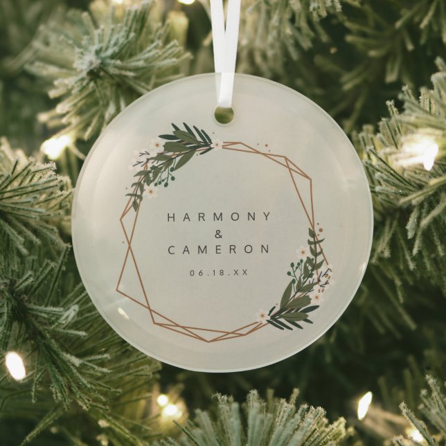 Elegant Geometric Newlywed Our First Christmas Glass Ornament (Insitu)