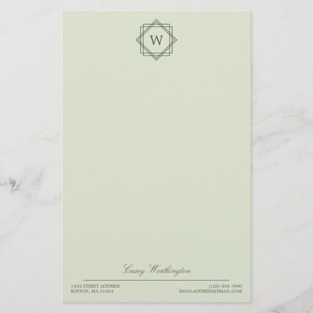Elegant Geometric Olive Green Monogram & Name Stationery (Front)