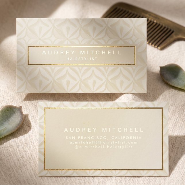 Elegant Geometric Pattern Foil Business Cards (Simulated business cards on table)