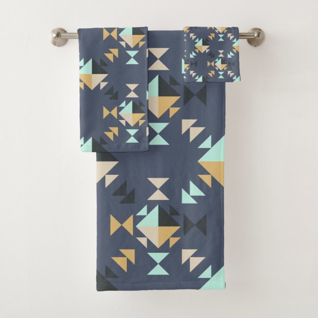 Elegant Geometric Pattern in Mint, Gold, and Black Bath Towel Set (Insitu)