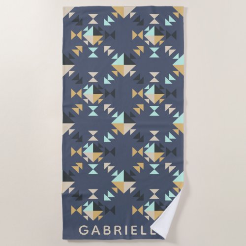 Elegant Geometric Pattern Mint Navy Personalized Beach Towel