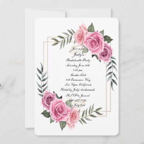 Elegant Geometric Pink Rose Bachelorette Party Invitation