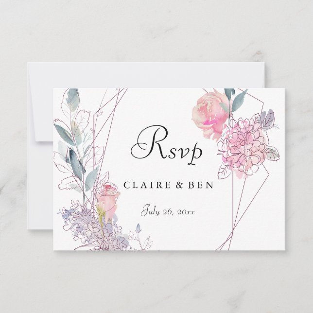 Elegant Geometric Pink Rose Floral Wedding RSVP (Front)