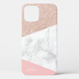 Elegant geometric pink rose gold glitter marble iPhone 12 pro case