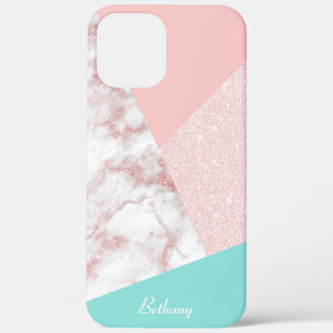 Elegant geometric pink rose gold glitter marble iPhone 12 pro max case