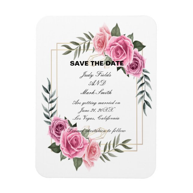 Elegant Geometric Pink Rose Save The Date Magnet (Vertical)