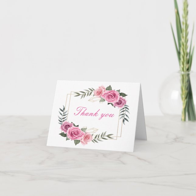 Elegant Geometric Pink Rose Thank You Card (Front)