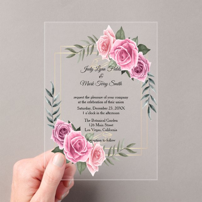 Elegant Geometric Pink Rose Wedding Acrylic Invitations (Insitu (Handheld))