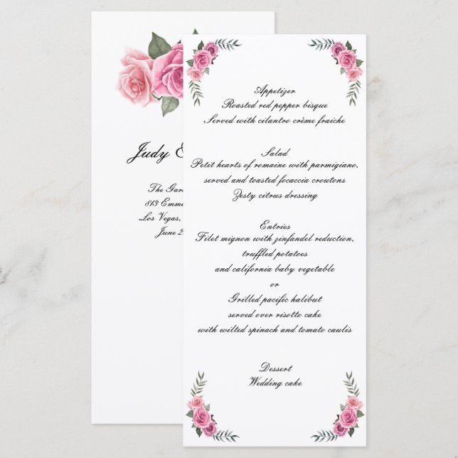 Elegant Geometric Pink Rose Wedding Menu (Front/Back)