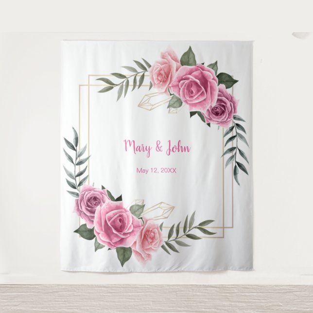 Elegant Geometric Pink Rose Wedding Photo Backdrop (Front)