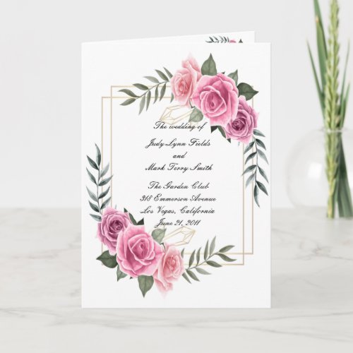 Elegant Geometric Pink Rose Wedding Program Card