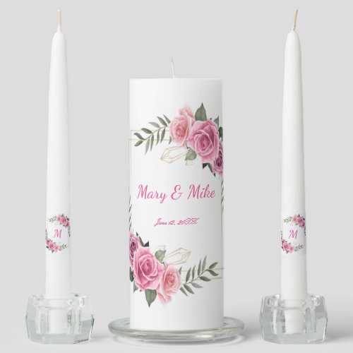 Elegant Geometric Pink Rose Wedding Unity Candle Set
