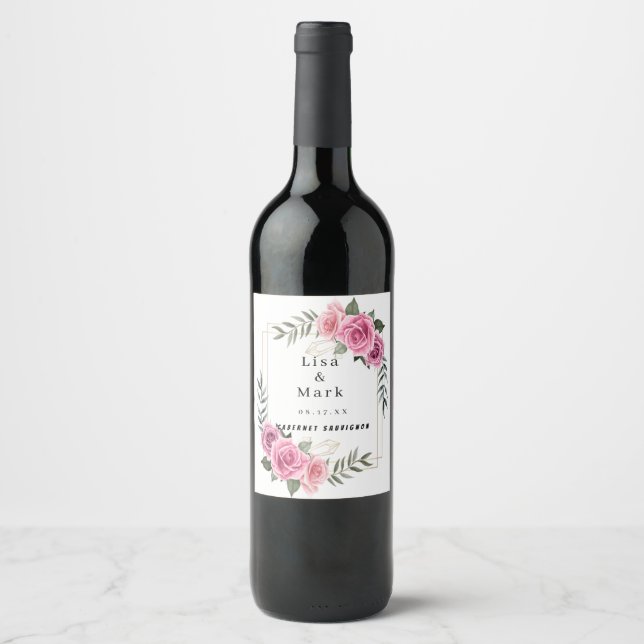 Elegant Geometric Pink Rose Wine Labels (Front)