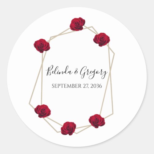 Elegant Geometric Red Rose Wedding Classic Round Sticker
