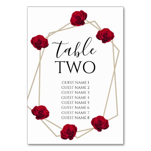 Elegant Geometric Red Rose Wedding Guest Names Table Number