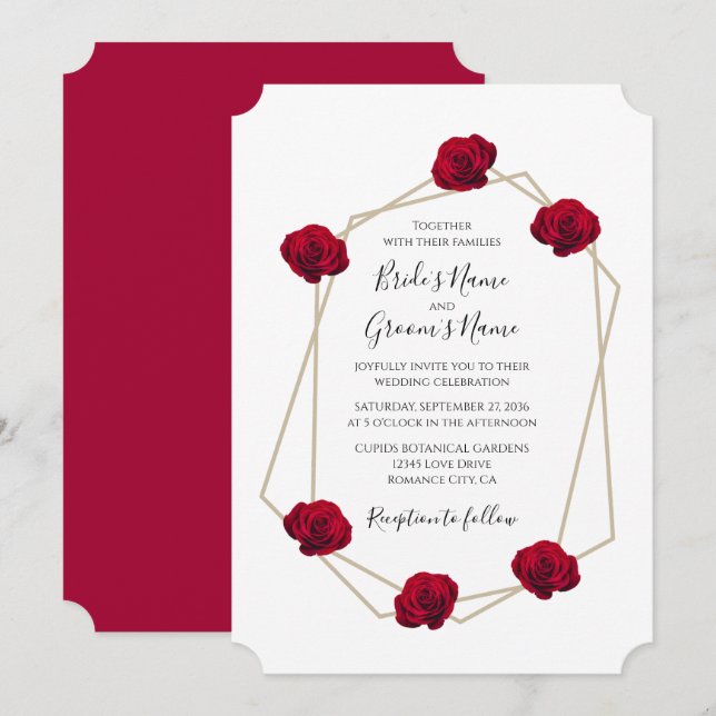 Elegant Geometric Red Rose Wedding Invitations (Front/Back)