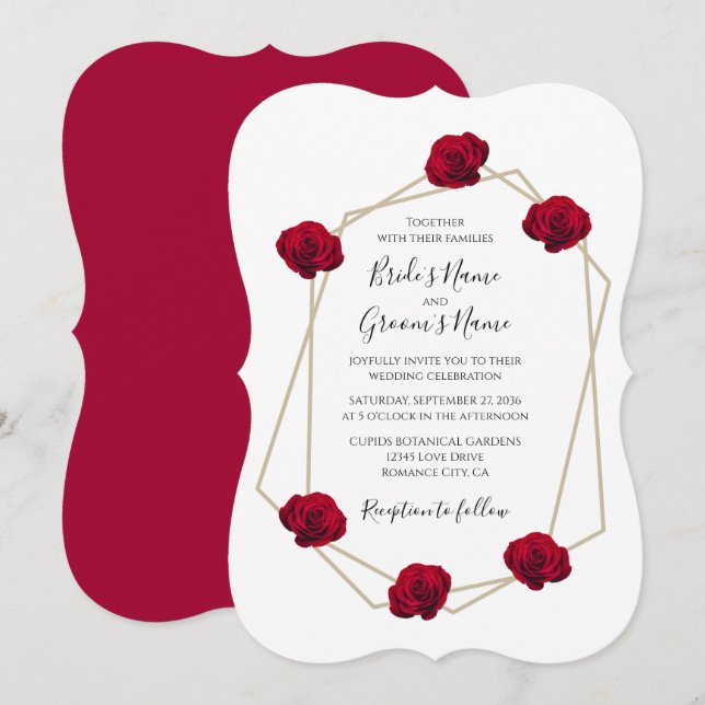 Elegant Geometric Red Rose Wedding Invitations (Front/Back)