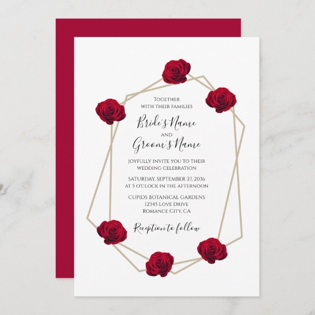 Elegant Geometric Red Rose Wedding Invitations (Front/Back)