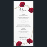 Elegant Geometric Red Rose Wedding Menu<br><div class="desc">This design features elegant red roses combined with a geometric gold color frame. The gold geometric frame is surrounded by vintage red roses. The reverse displays the thank you message with deep red color of the roses in the background. The combination of red, black and gold colors creates a sophisticated,...</div>