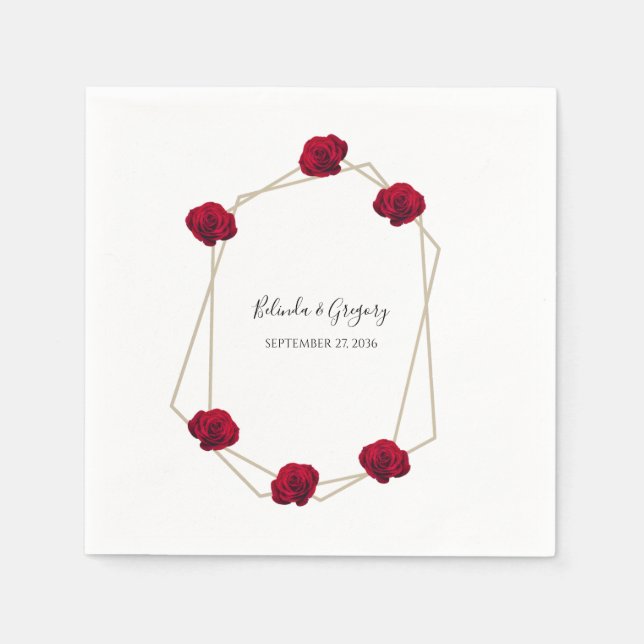 Elegant Geometric Red Rose Wedding Napkins (Front)