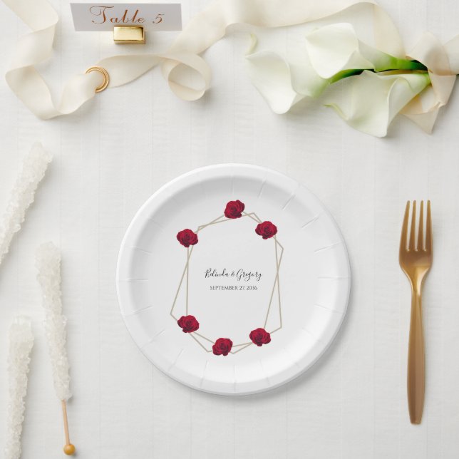 Elegant Geometric Red Rose Wedding  Paper Plates (Wedding)
