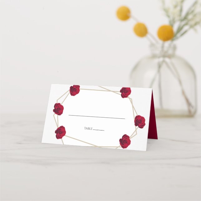 Elegant Geometric Red Rose Wedding Place Card (Front)