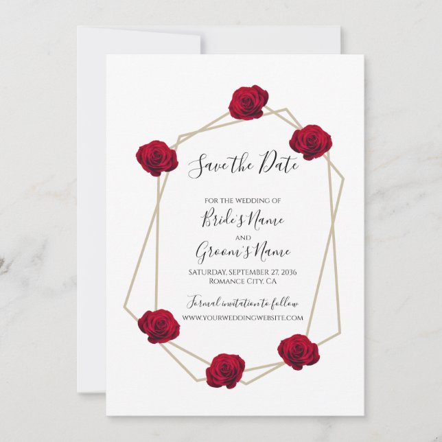 Elegant Geometric Red Rose Wedding Save The Date (Front)