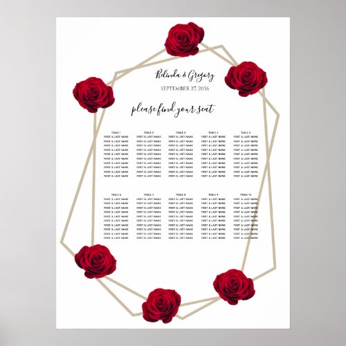 Elegant Geometric Red Rose Wedding Seating Chart
