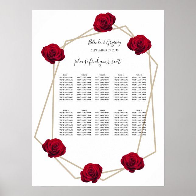 Elegant Geometric Red Rose Wedding Seating Chart (Front)