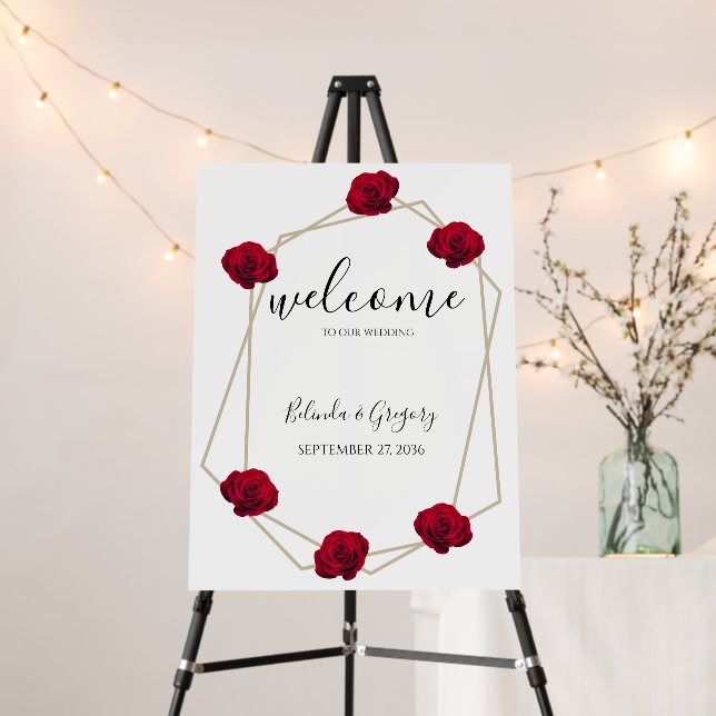 Elegant Geometric Red Rose Wedding Welcome Sign (In Situ (Stand))