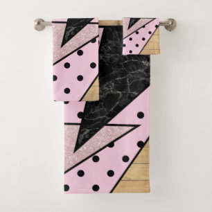 Elegant geometric rose gold glitter marble wood bath towel set