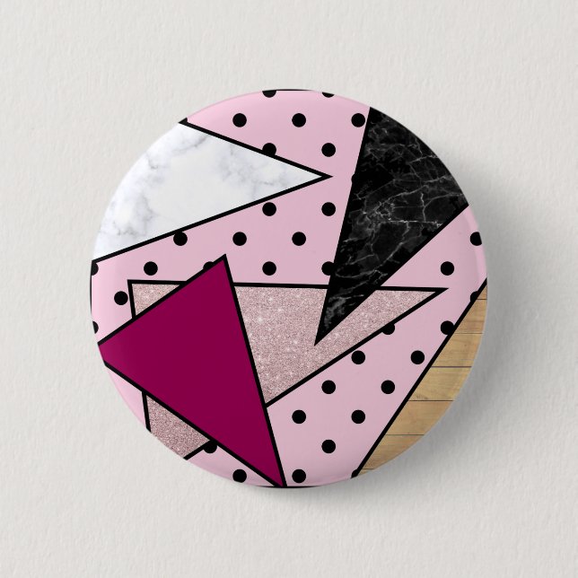 Elegant geometric rose gold glitter marble wood pinback button (Front)