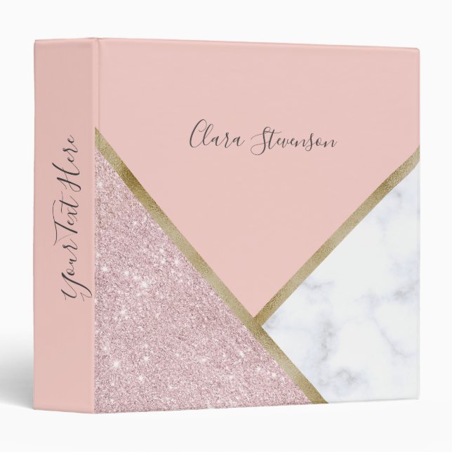 Elegant geometric rose gold glitter white marble 3 ring binder (Front/Spine)