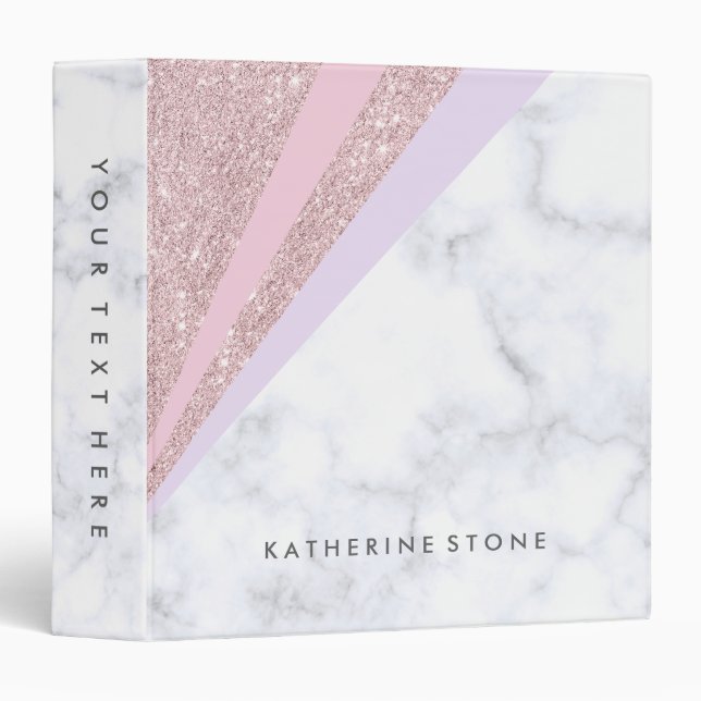 Elegant geometric rose gold glitter white marble 3 ring binder (Front/Spine)