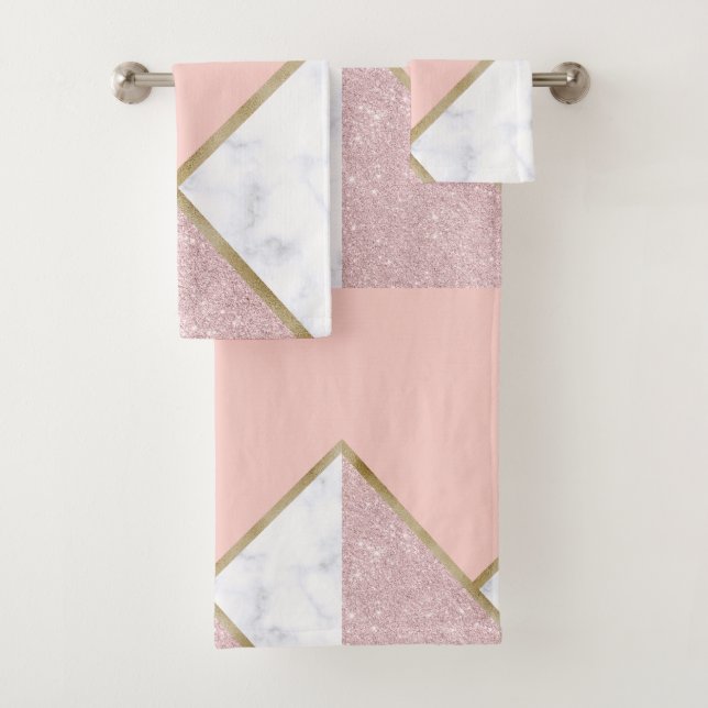 Elegant geometric rose gold glitter white marble bath towel set (Insitu)