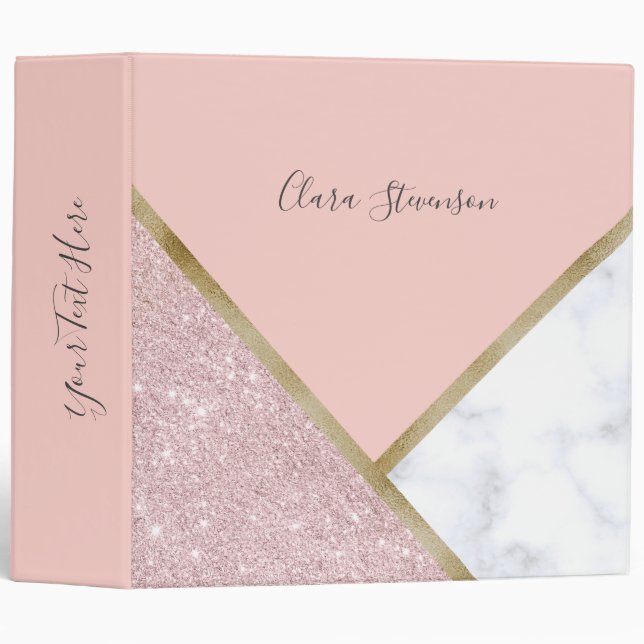 Elegant geometric rose gold glitter white marble binder (Front/Spine)
