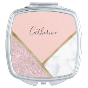 Elegant geometric rose gold glitter white marble compact mirror