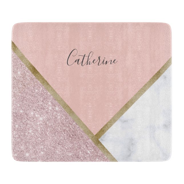 Elegant geometric rose gold glitter white marble cutting board (Front)