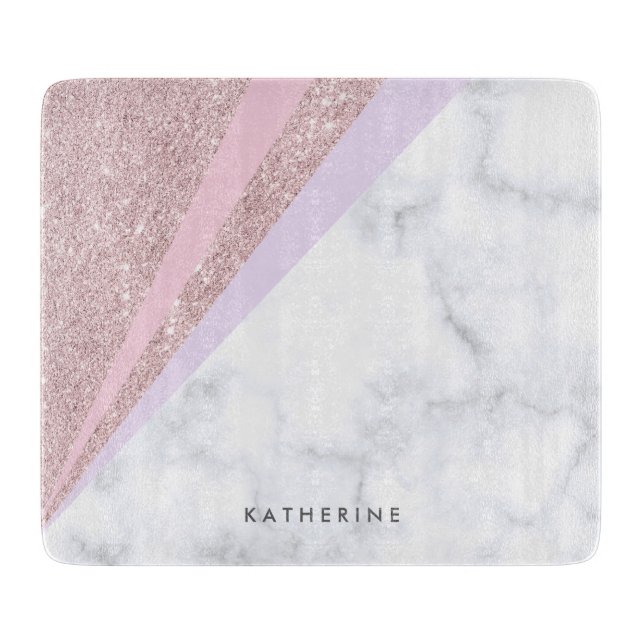 Elegant geometric rose gold glitter white marble cutting board (Front)
