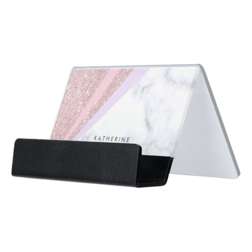 Elegant geometric rose gold glitter white marble desk business card holder