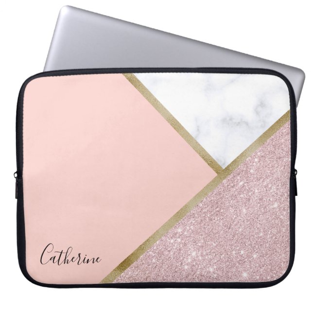 Elegant geometric rose gold glitter white marble laptop sleeve (Front)