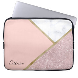 Elegant geometric rose gold glitter white marble laptop sleeve