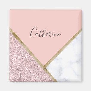 Elegant geometric rose gold glitter white marble magnet