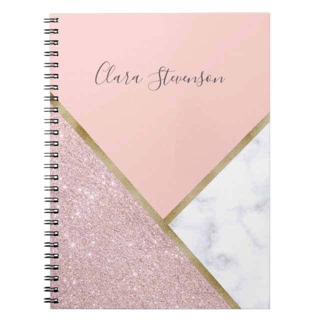 Elegant geometric rose gold glitter white marble notebook (Front)