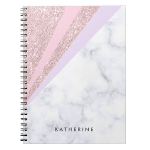Elegant geometric rose gold glitter white marble notebook