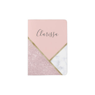 Elegant geometric rose gold glitter white marble passport holder