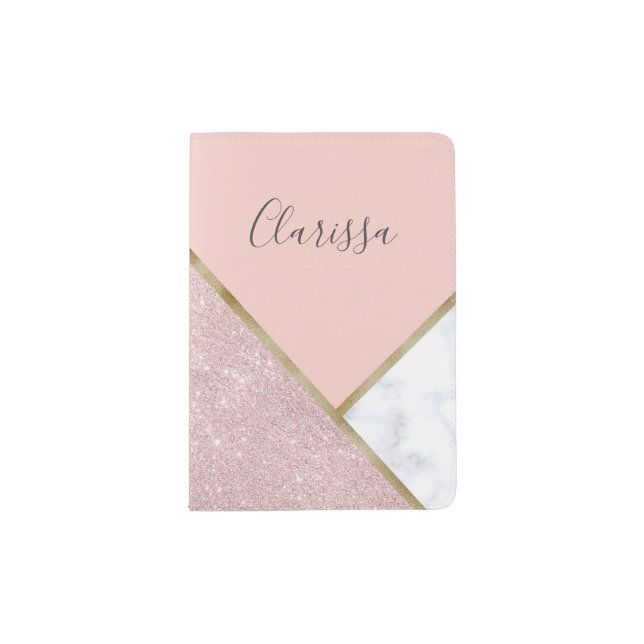 Elegant geometric rose gold glitter white marble passport holder (Front)